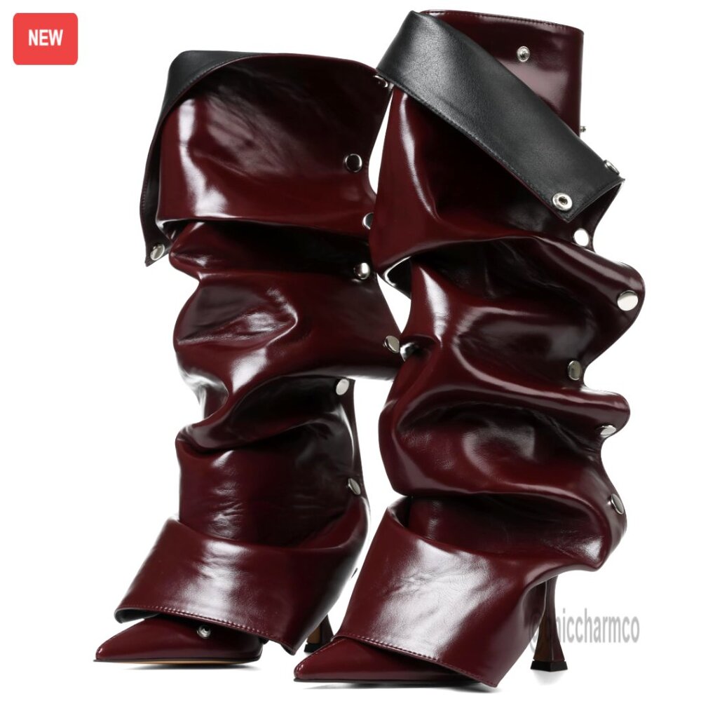Knee High Stiletto Boots Wide Calf Ruched Slouchy Detachable Panel